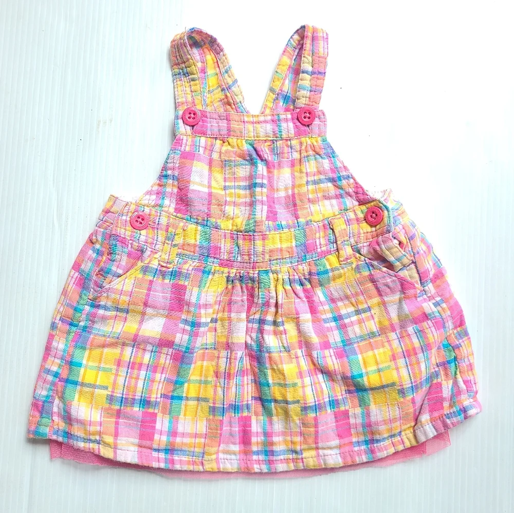 OSHKOSH B'GOSH girls pink & yellow plaid bib overall pinafore dress 9 months